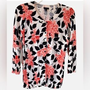 Talbots Floral Cardigan Small Black White Coral Button Front Sweater